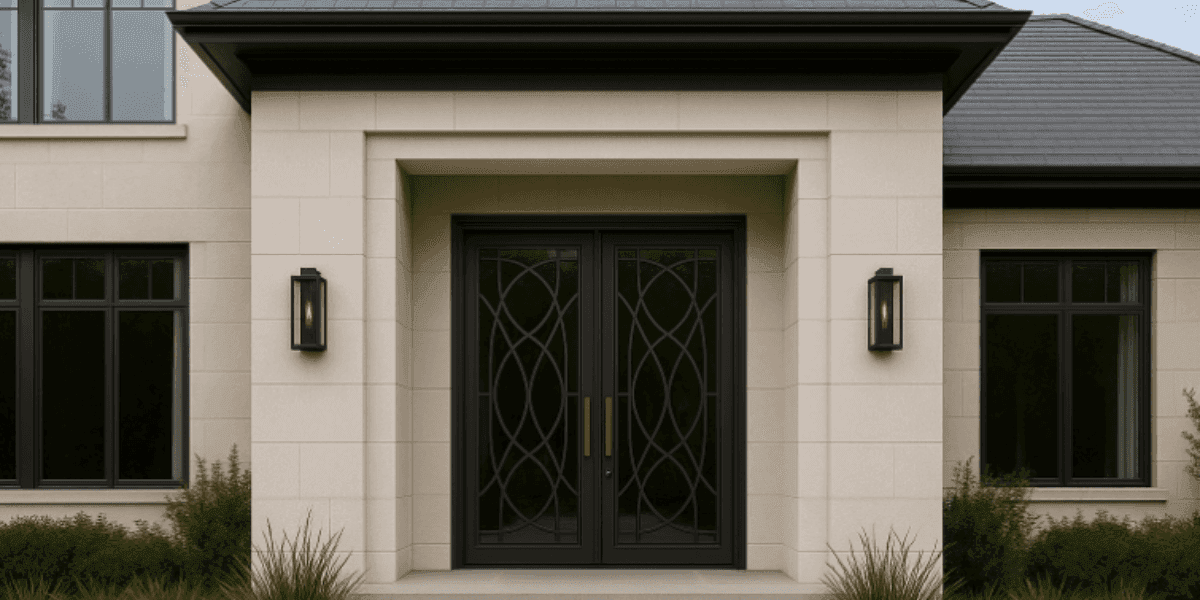 Elegant front entrance of a modern home featuring a double door with intricate black metalwork and stylish light fixtures on either side, surrounded by lush green plants and large windows.
