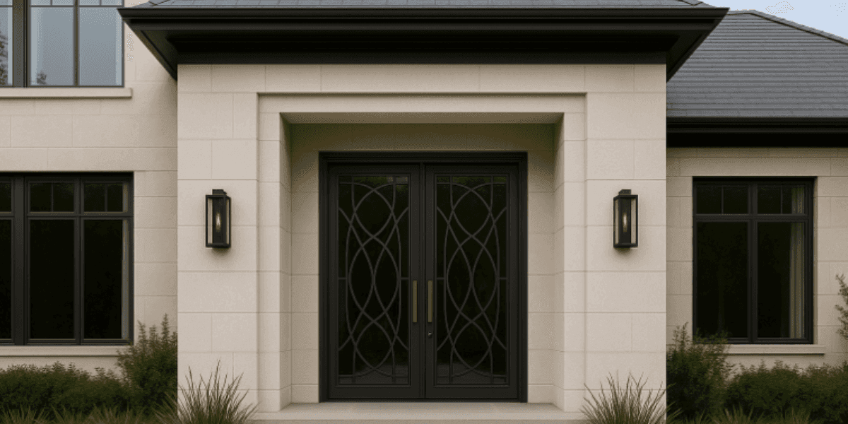 Elegant front entrance of a modern home featuring a double door with intricate black metalwork and stylish light fixtures on either side, surrounded by lush green plants and large windows.