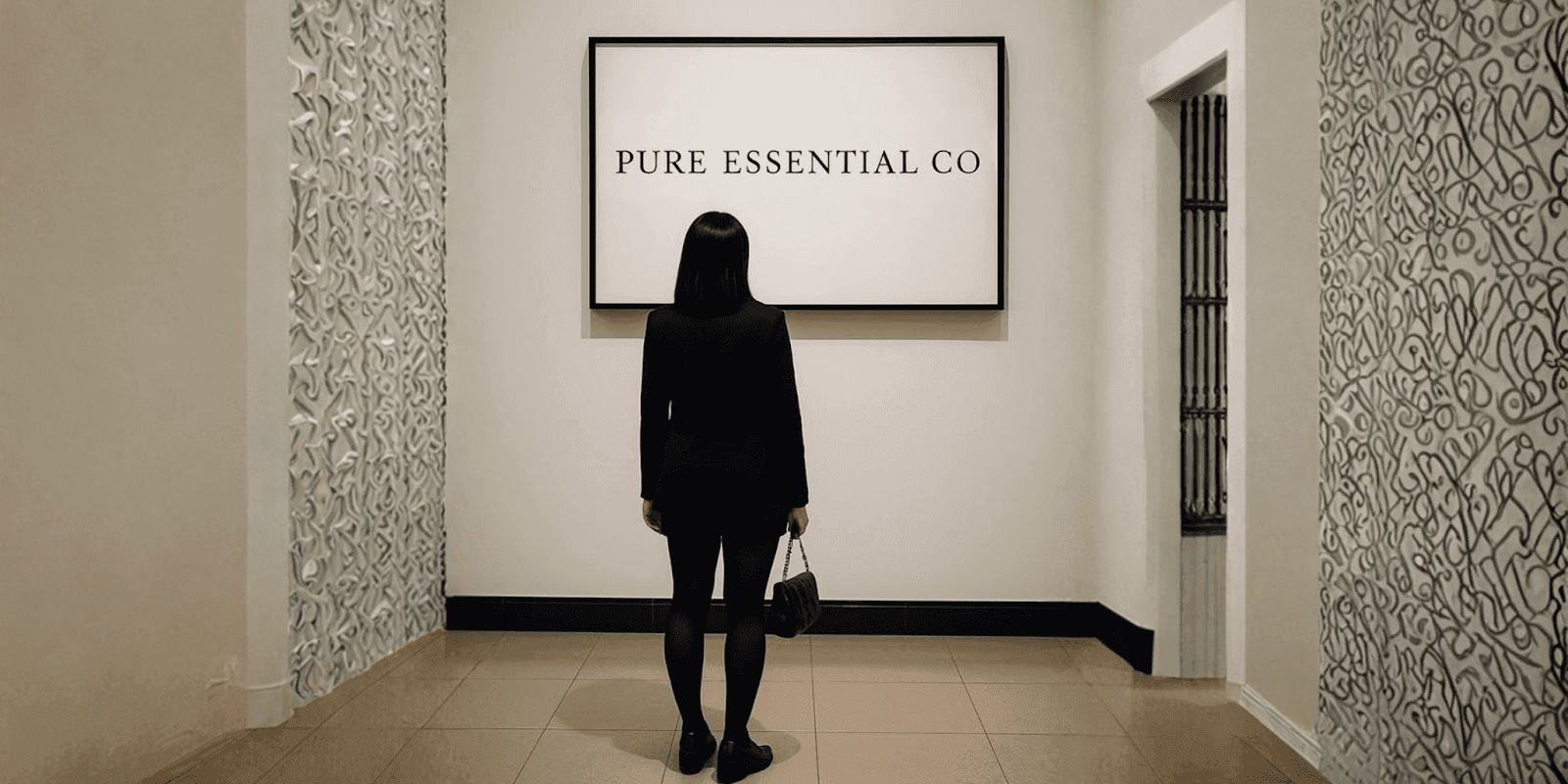 Woman in black outfit stands before a wall sign reading “PURE ESSENTIAL CO” at a minimalist beauty brand display.