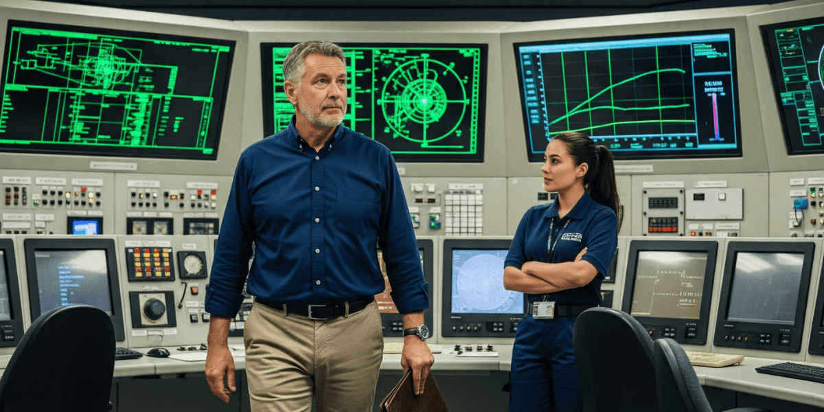 Image showing professionals in a nuclear control room, monitoring critical data and systems, with screens displaying various technical parameters and control panels.