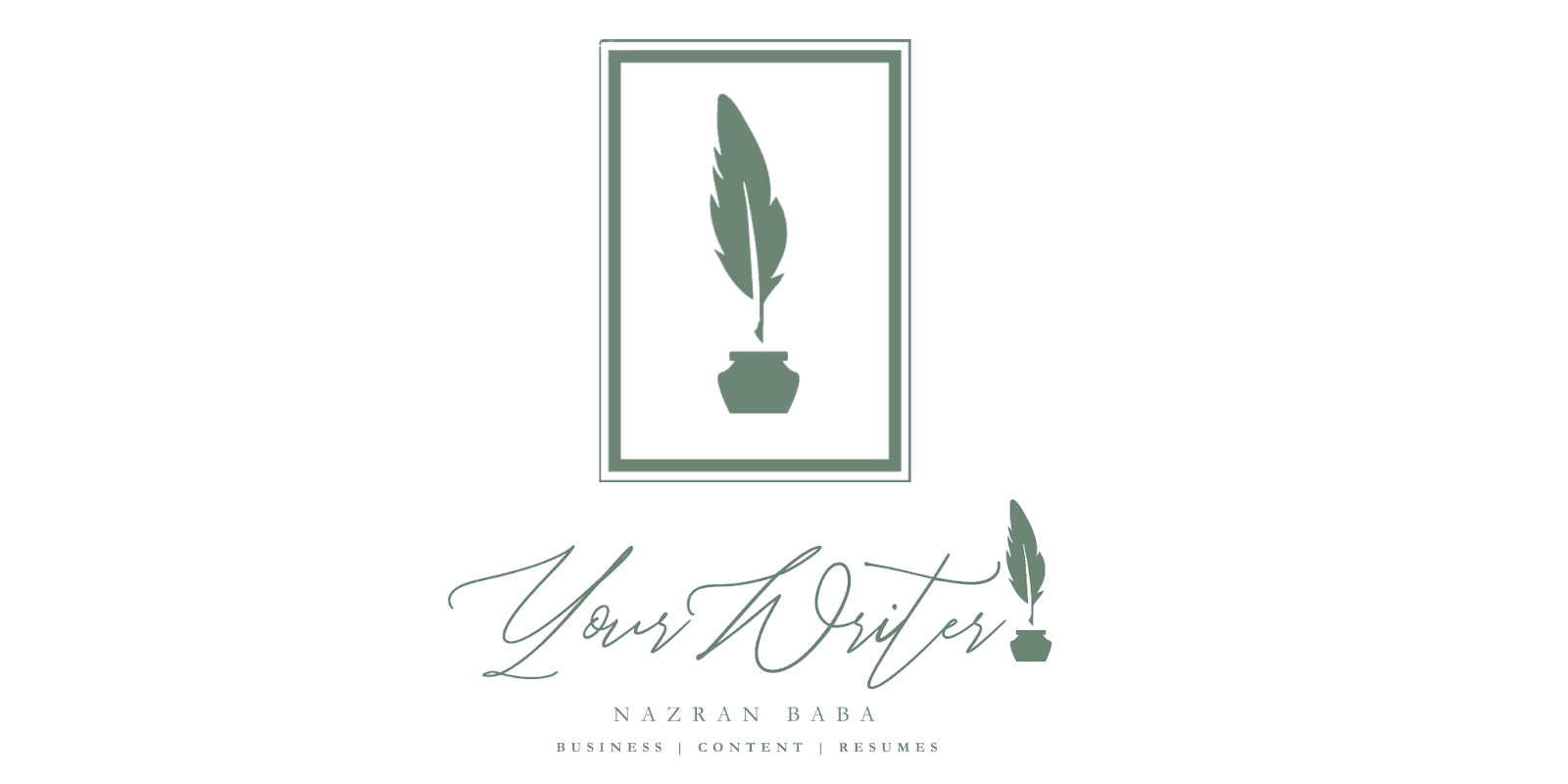Logo for Your Writer by Nazran Baba, featuring a quill and inkpot; expert resume and content writing services.