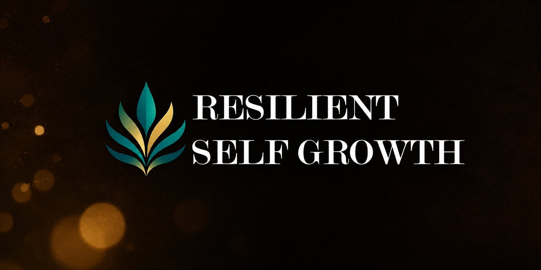 Resilient Self Growth logo with stylized teal and gold leaves beside white text on a dark background.