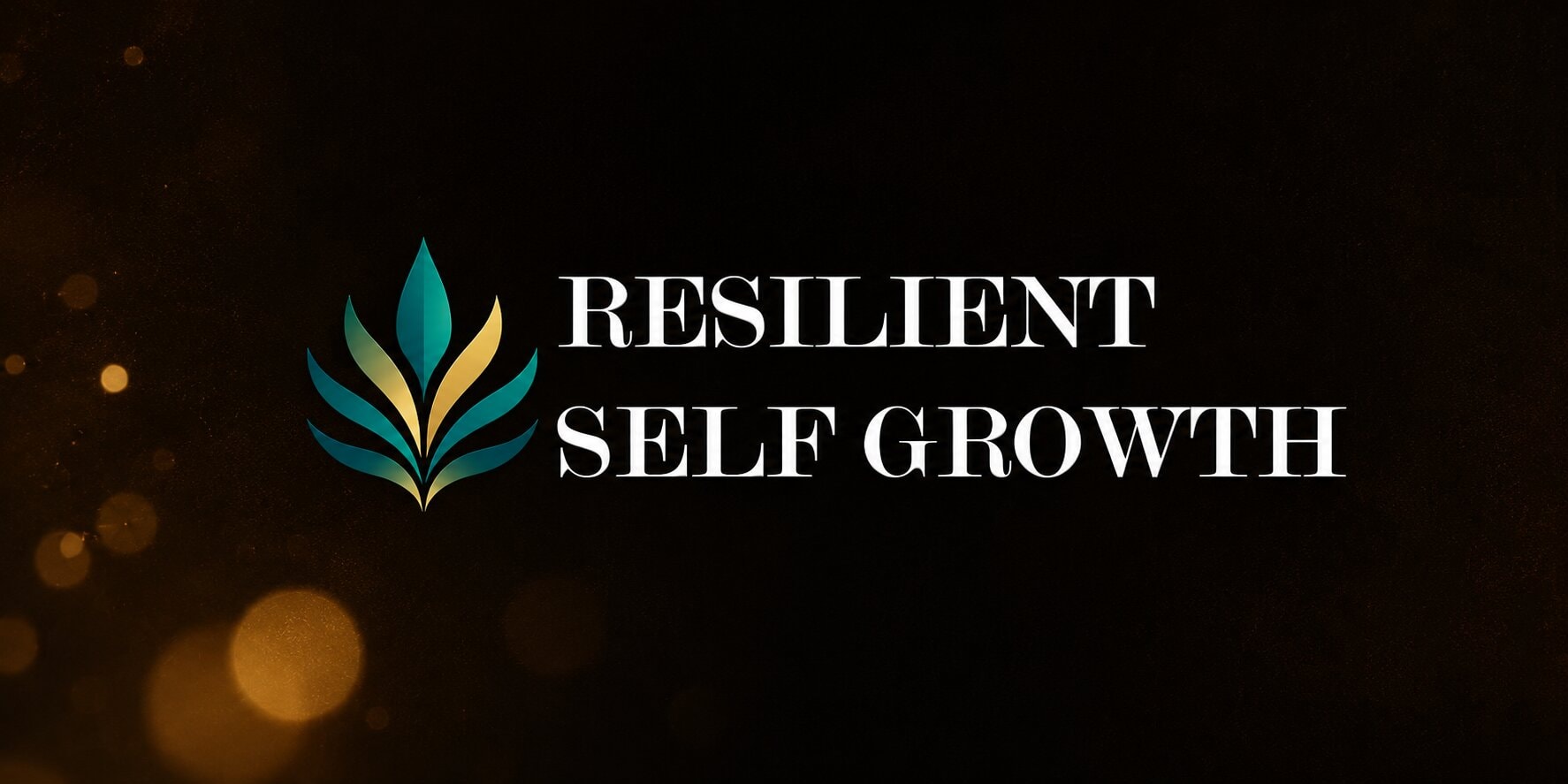 Resilient Self Growth logo with stylized teal and gold leaves beside white text on a dark background.