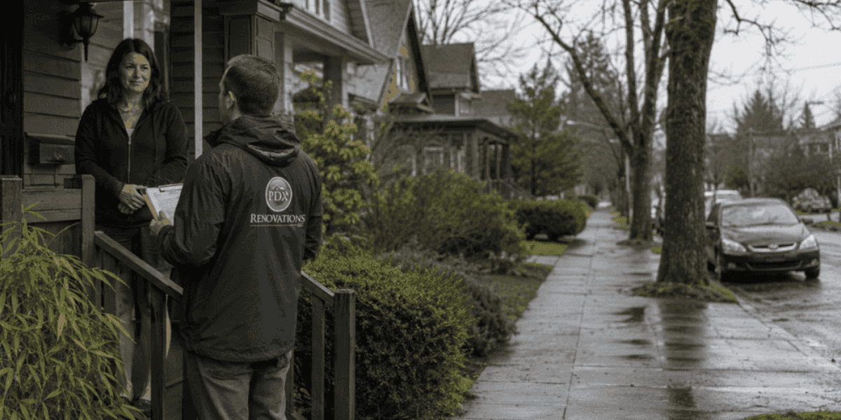 PDX Renovations representative speaking with a homeowner on a front porch in a Portland neighborhood.
