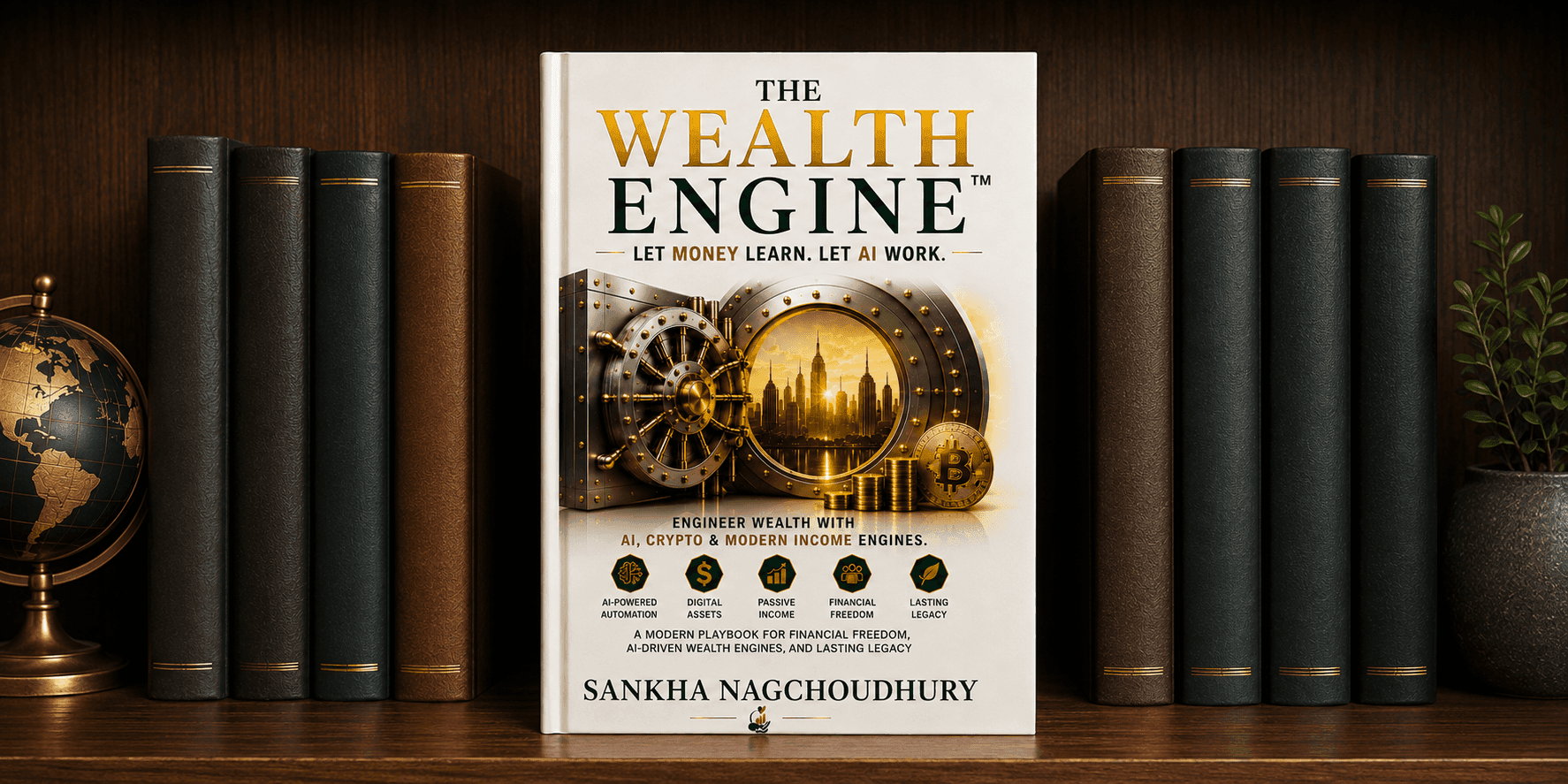The Wealth Engine™ by Sankha Nagchoudhury displayed on a bookshelf with books, a globe, and a plant.