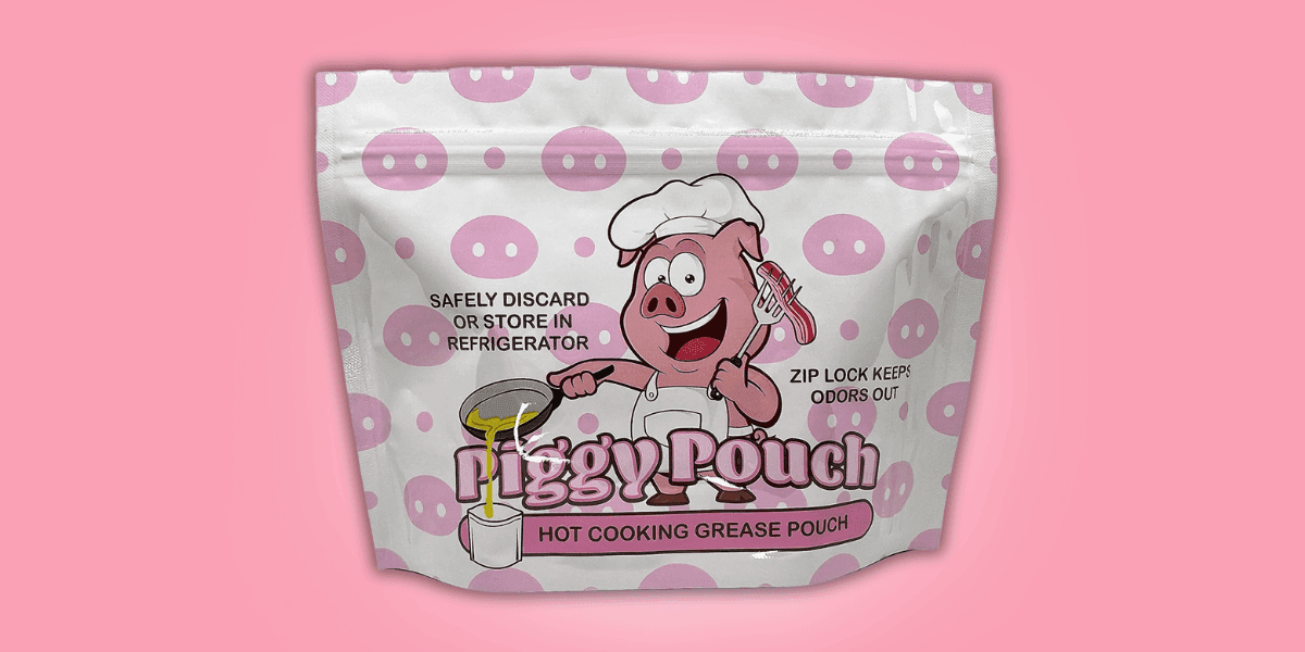 Piggy Pouch product packaging showcasing its convenient, eco-friendly solution for safely storing and discarding cooking grease without odors.