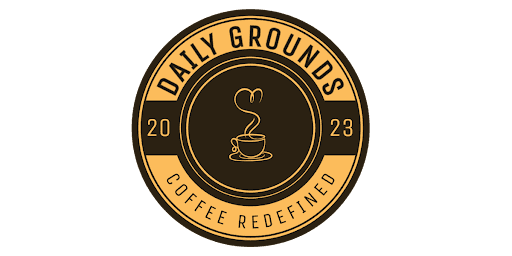 Daily Grounds Coffee logo featuring a steaming cup design and the tagline “Coffee Redefined,” established in 2023.
