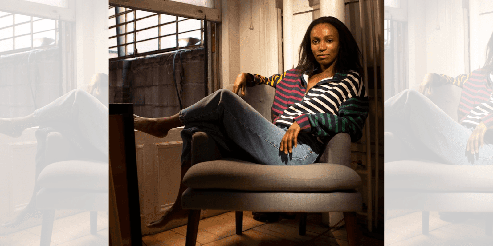 Yvonne Wandera sits confidently in a chair, highlighting her role as creator of the sci-fi graphic novel *Zurri Sana*.