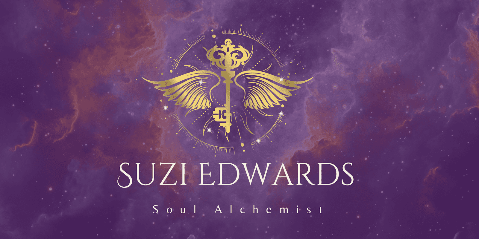 Logo of Suzi Edwards, Soul Alchemist, featuring a golden key with wings on a cosmic purple background.