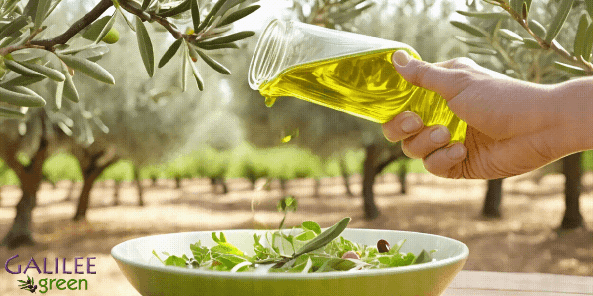 Pouring premium extra virgin olive oil from Galilee Green over fresh salad with olive trees in the background.
