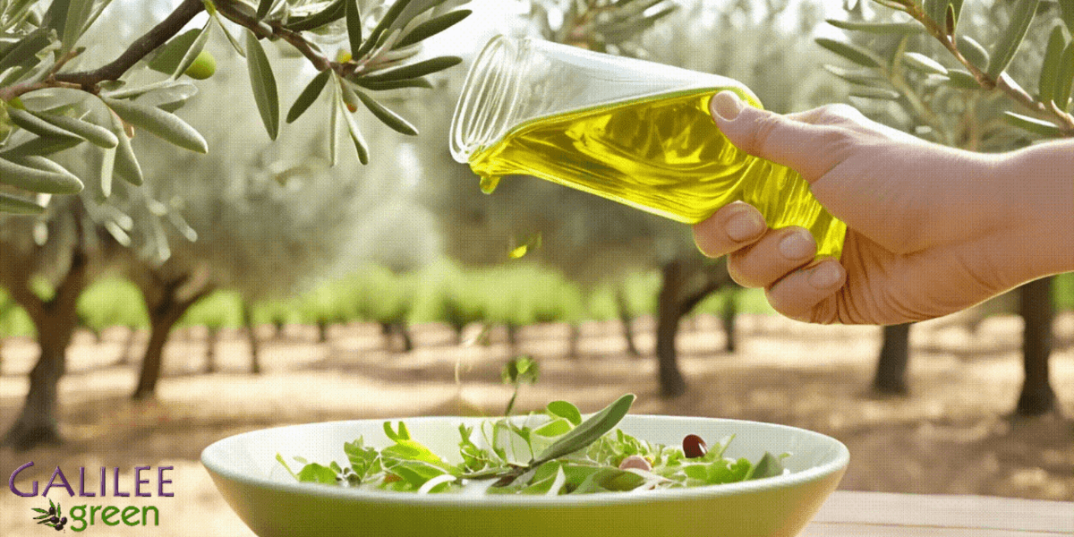 Pouring premium extra virgin olive oil from Galilee Green over fresh salad with olive trees in the background.