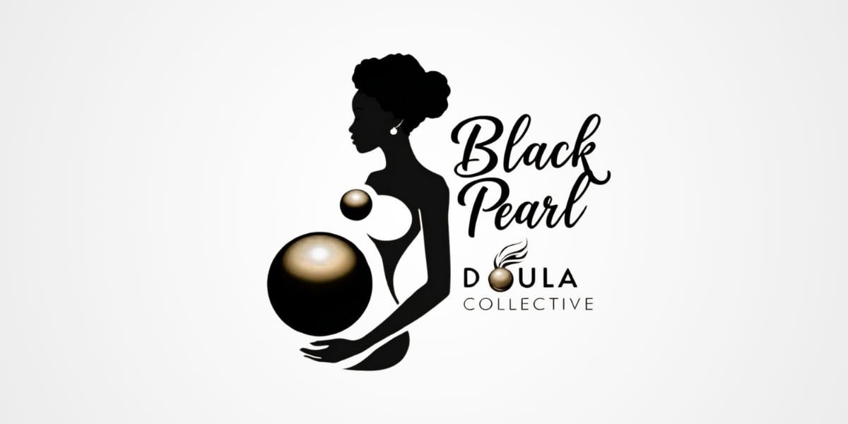 Logo of Black Pearl Doula Collective featuring a silhouette of a pregnant woman with pearls, symbolizing cultural maternal care.