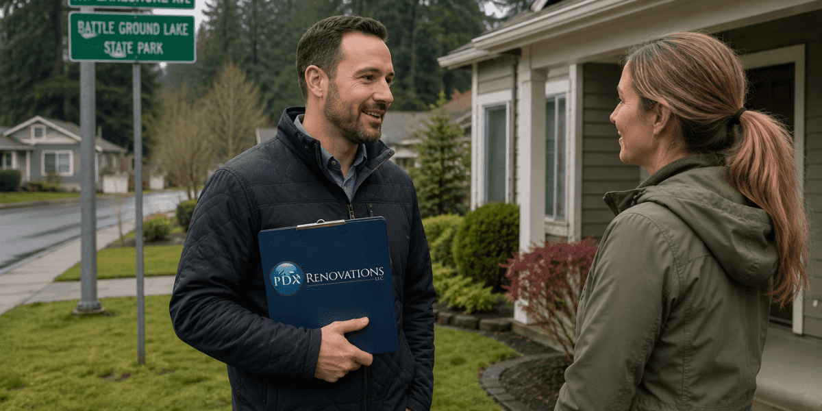 PDX Renovations representative speaks with a Battle Ground homeowner outside a house about direct home-selling options.