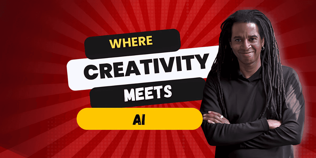"Creative professional standing confidently with arms crossed against a vibrant red background featuring bold text: 'Where Creativity Meets AI.' This graphic emphasizes the fusion of creative talent and artificial intelligence in a dynamic and modern approach."