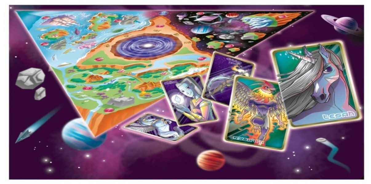 Image depicting the Sacred Worlds game, with fantasy-themed cards and a map, illustrating a heart-based family adventure.
