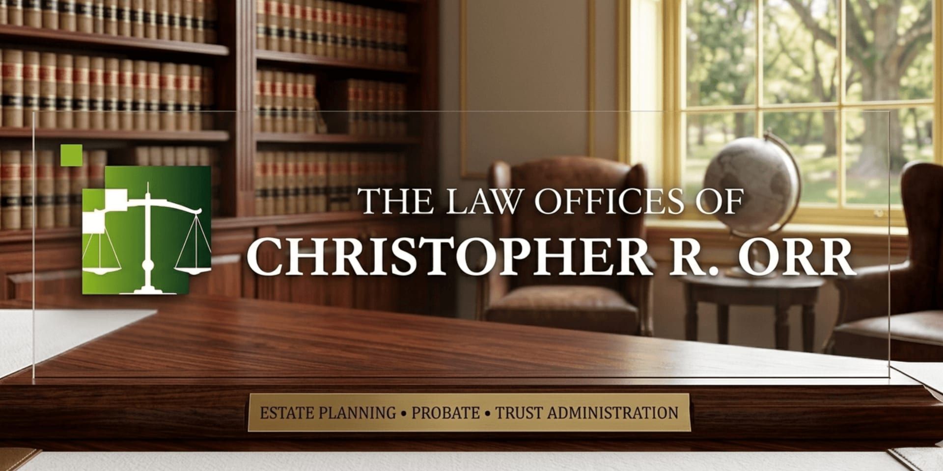 Law office interior with bookshelves, scales logo, and “The Law Offices of Christopher R. Orr” branding.