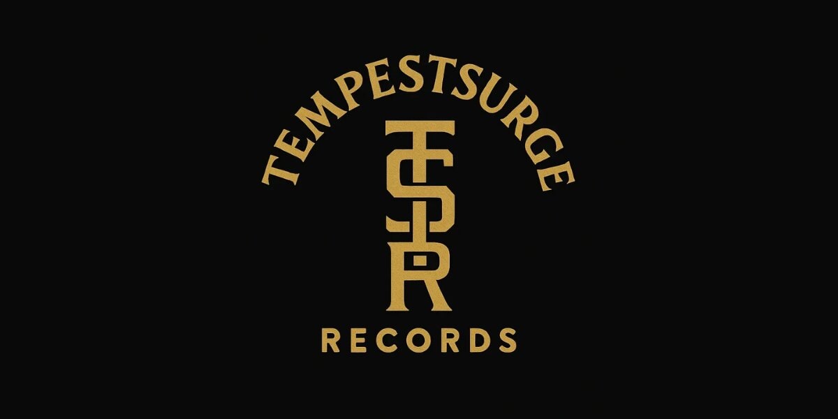 Tempest Surge Records gold logo displayed on a black background.