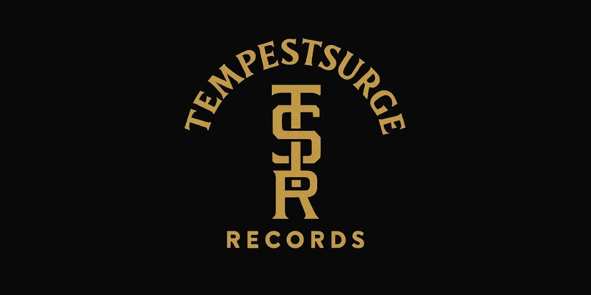 Tempest Surge Records gold logo displayed on a black background.