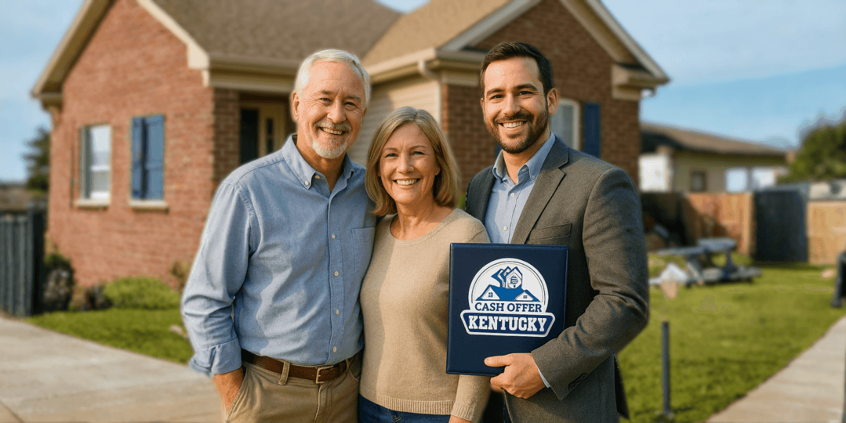A real estate agent and couple smiling outside their home, representing Cash Offer Kentucky’s efficient, hassle-free property selling service.