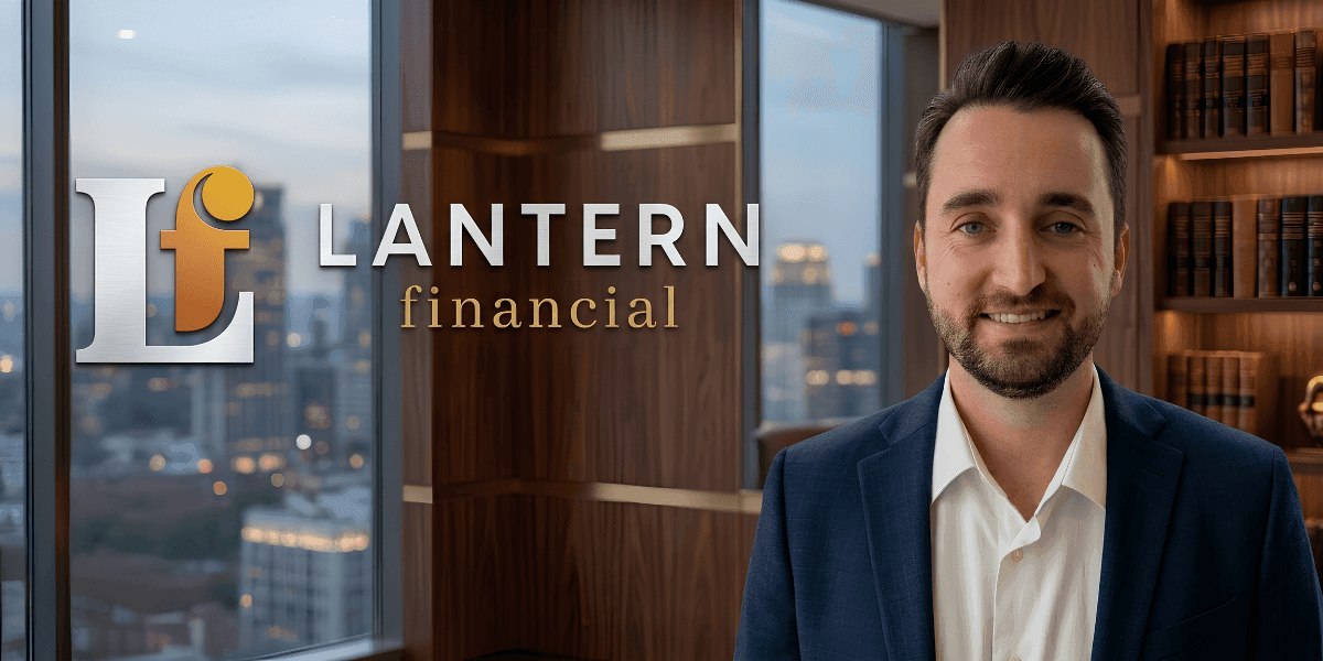 Portrait of Andrew Kinder beside Lantern Financial logo in a modern office overlooking a city skyline.