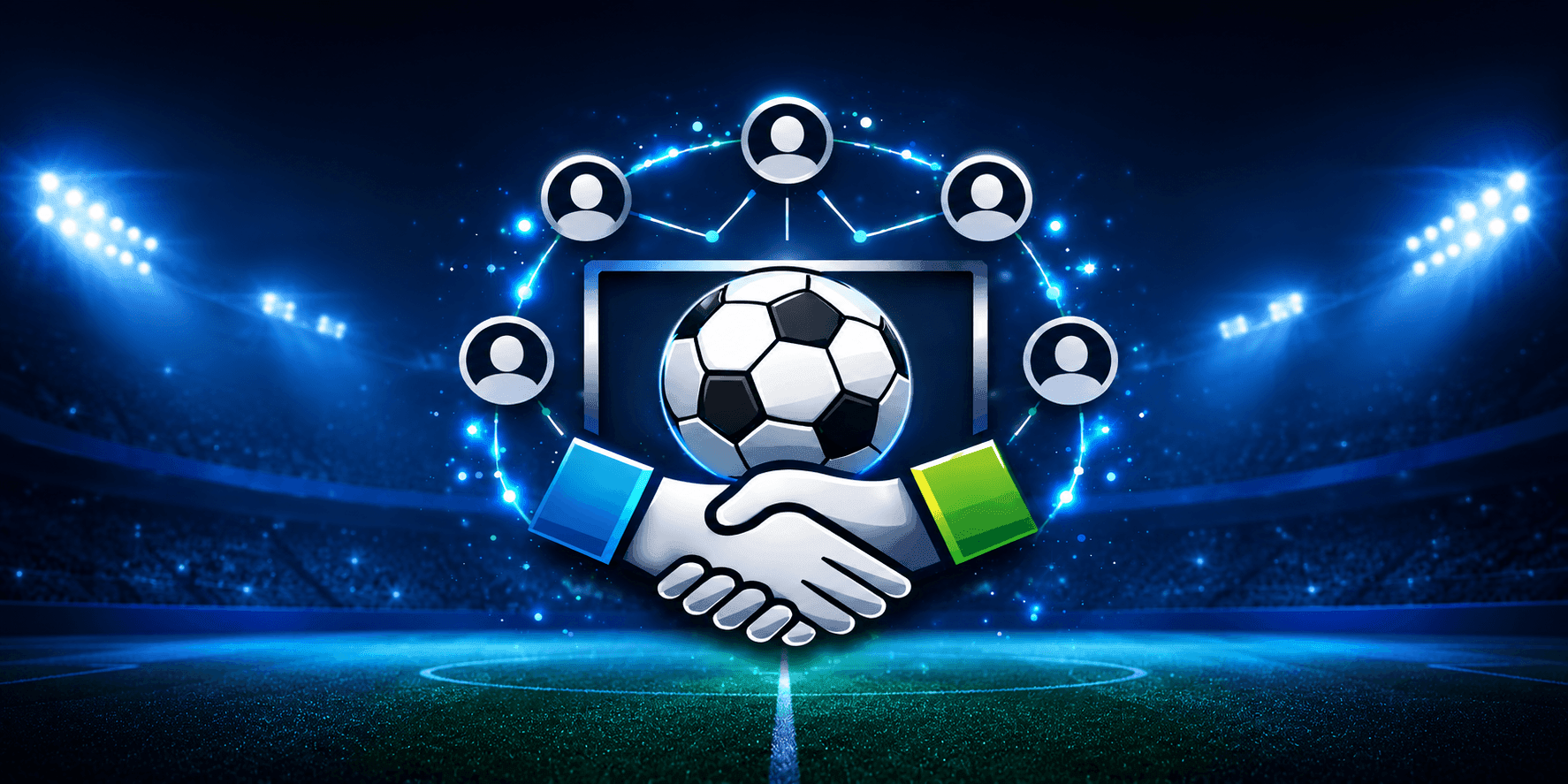 Digital football recruitment platform with handshake, soccer ball, and connected network icons in stadium lights.