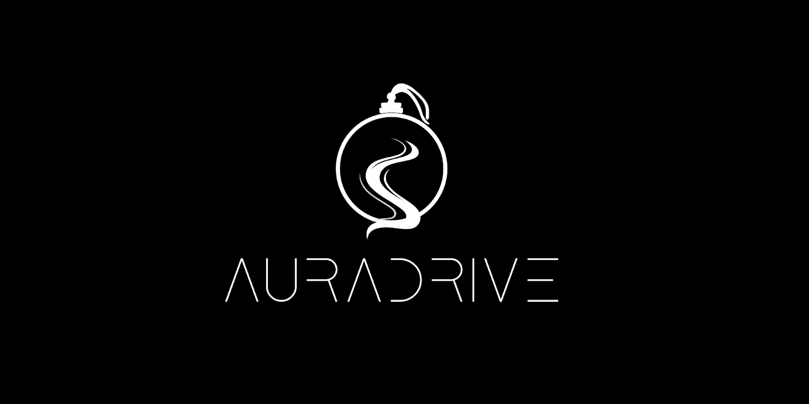 AuraDrive logo with a clean and sleek design, featuring a perfume bottle with a smoke swirl, set against a black background.
