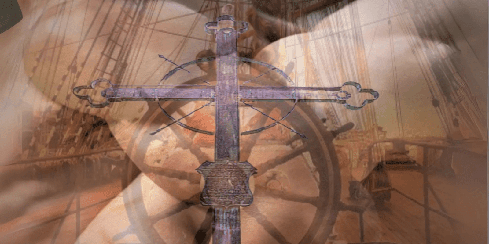 An artistic blend of a cross symbol, ship's wheel, and maritime elements, representing the fusion of Cajun traditions