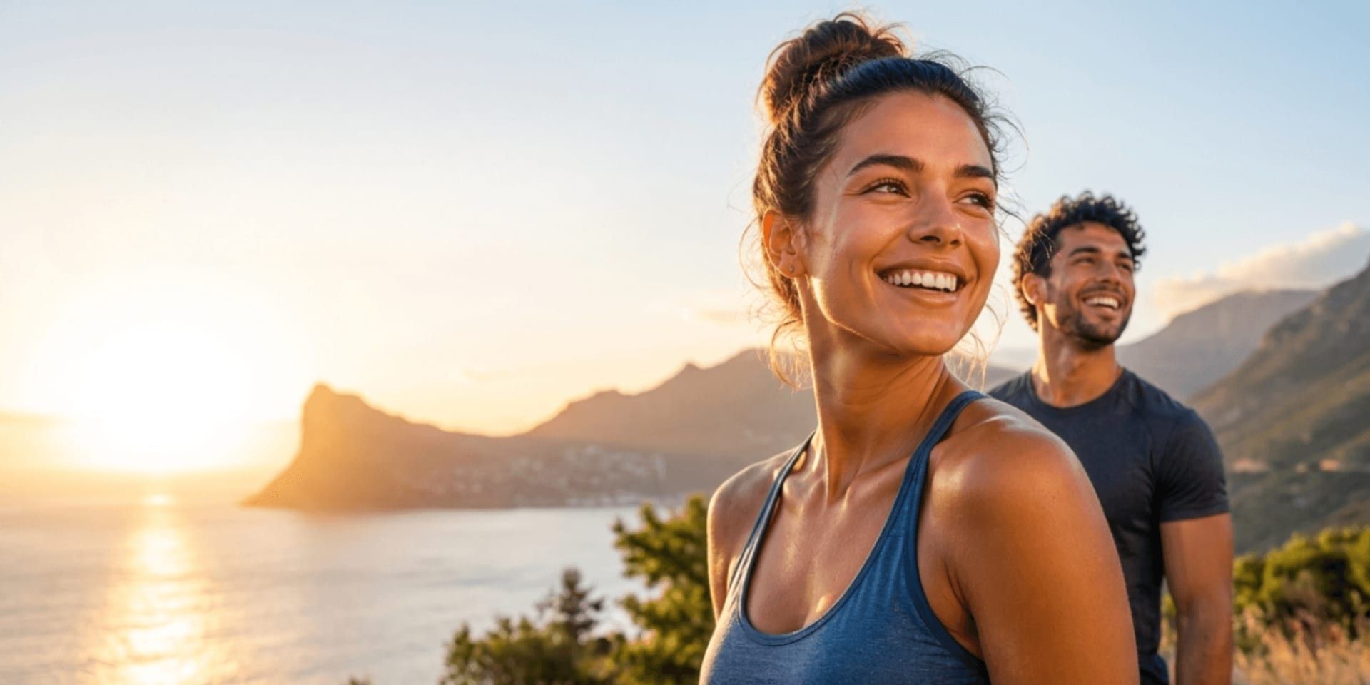 A smiling woman and man in athletic wear stand on a scenic hillside at sunset, overlooking a coastline with mountains. They exude happiness and contentment.