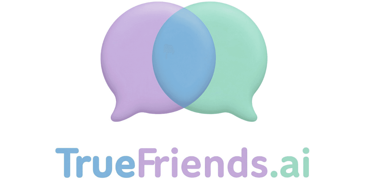 TrueFriends.ai logo with overlapping speech bubbles in pastel purple and green colors, symbolizing emotional support and companionship.