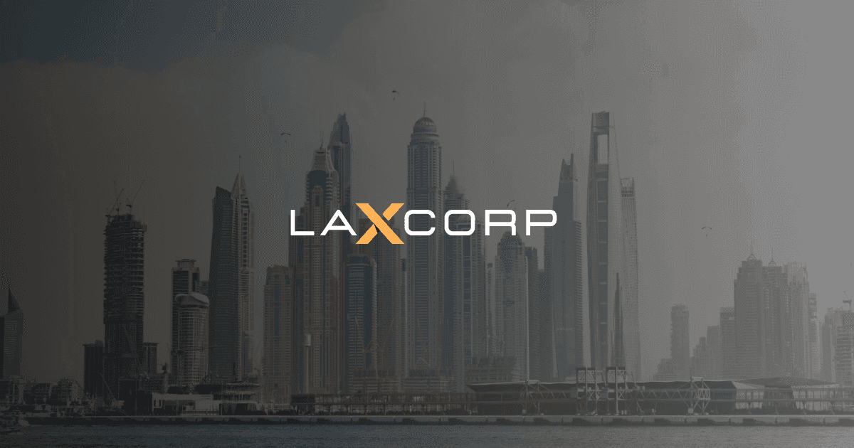 Dubai skyline with skyscrapers and Laxcorp logo overlay, representing global AI expansion from UAE headquarters.