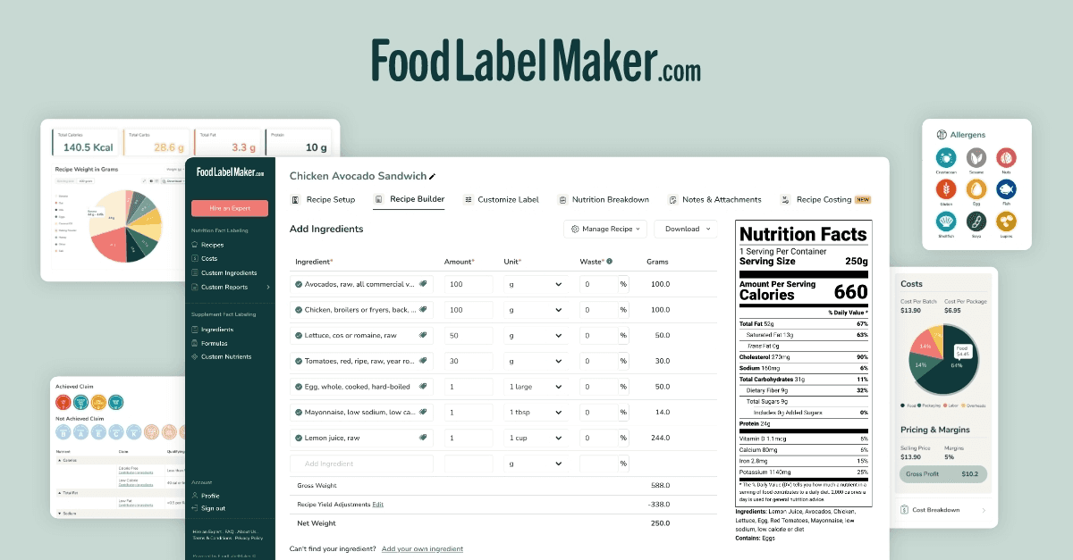 "FoodLabelMaker.com interface showing the recipe setup for a Chicken Avocado Sandwich, with detailed ingredients, nutrition breakdown, and nutrition facts label generation."