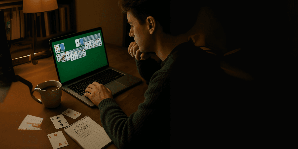 A person playing an online solitaire game on a laptop, sitting at a desk with a cup of coffee and cards scattered on the table, with a notepad open showing a strategy for the game in a cozy, dimly lit environment.