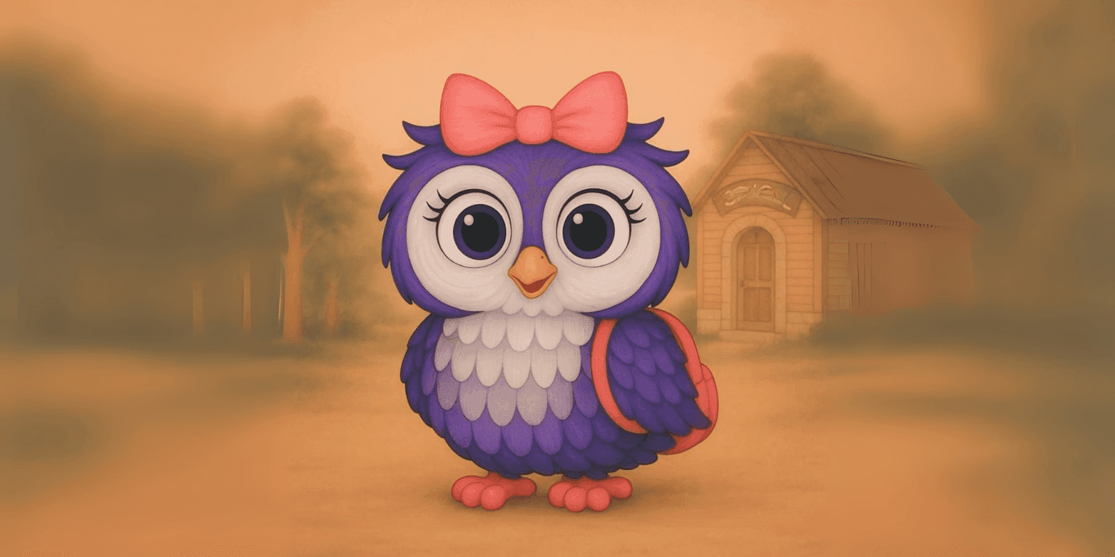 Cute purple owl with pink bow and backpack standing in front of a small schoolhouse.