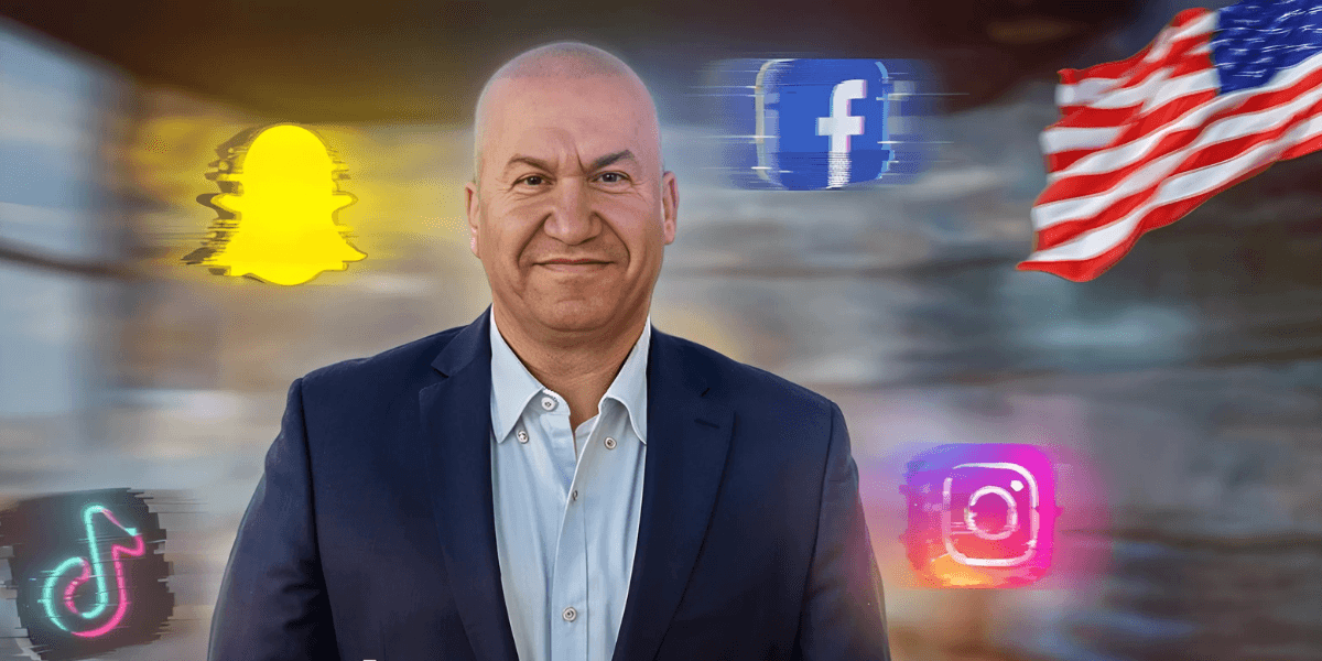 Visa Richie’s founder, Richie Ahmad Mishal, surrounded by social media icons and the American flag, symbolizing U.S. visa success.