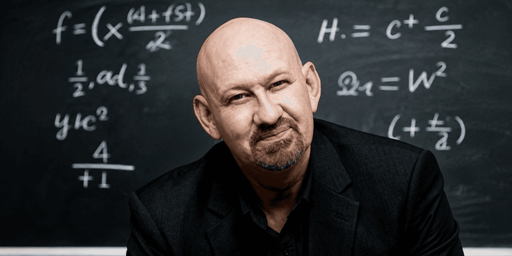 Professor Antony D. Miller smiling in front of a chalkboard covered with mathematical equations.