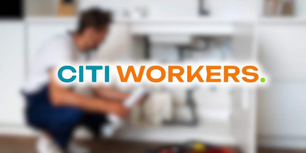 Citi Workers logo displayed over a blurred image of a professional worker repairing under a sink, highlighting home repair and maintenance services.