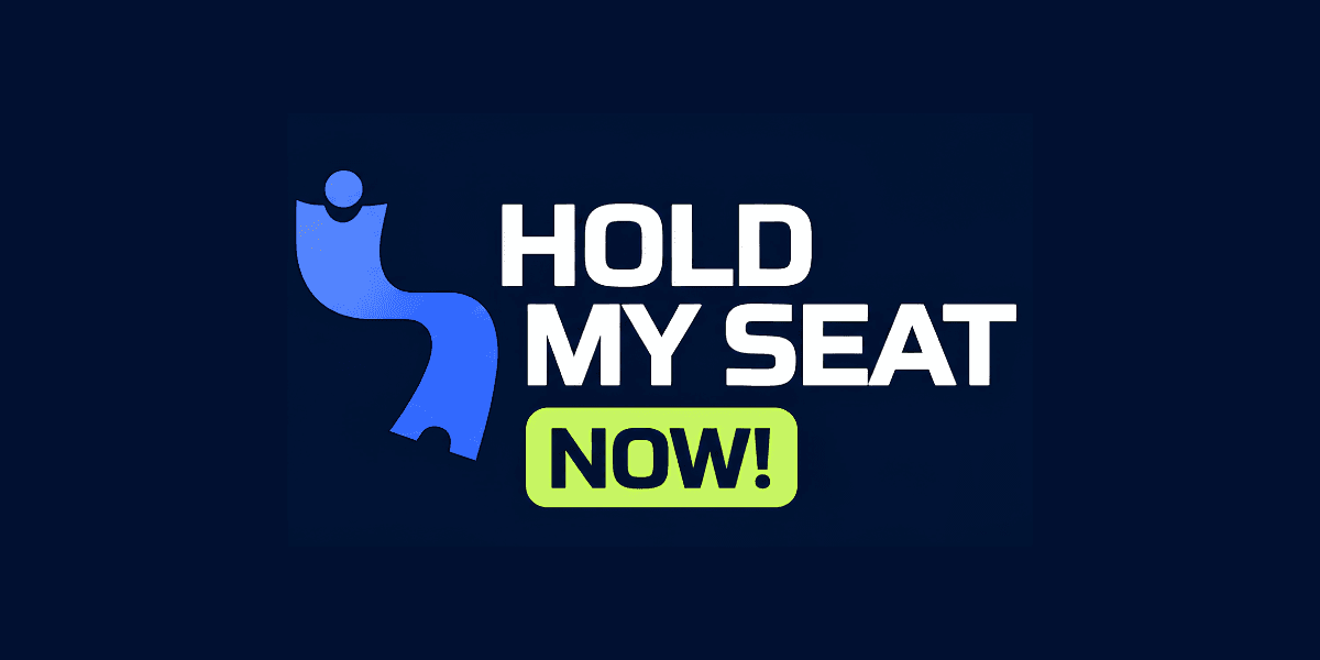 Hold My Seat Now logo featuring a blue seated figure and bold white and green text.