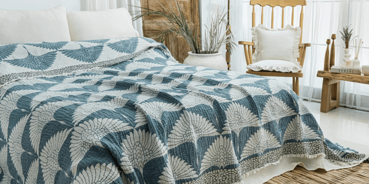"TurkanHome muslin bed blankets: sustainable luxury with Turkish craftsmanship for a timeless, elegant home."