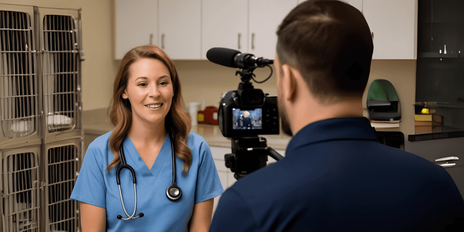 A woman in scrubs speaks to a camera in a veterinary office, highlighting HERO Managed Services' cybersecurity and innovation.