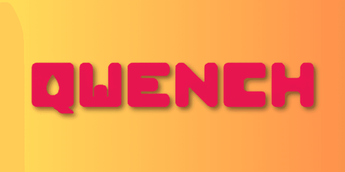 **QWENCH Protein logo in bold pink lettering on a warm yellow-orange gradient background.**