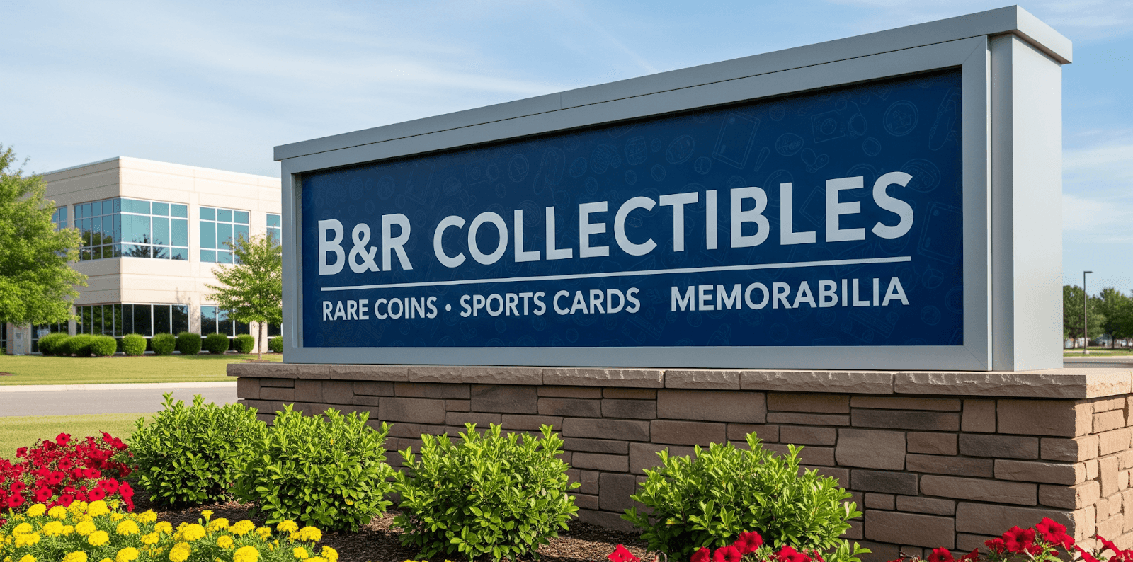 Signage for B&R Collectibles featuring bold text with the company name and services listed (Rare Coins, Sports Cards, Memorabilia) in front of a building with colorful flower beds.