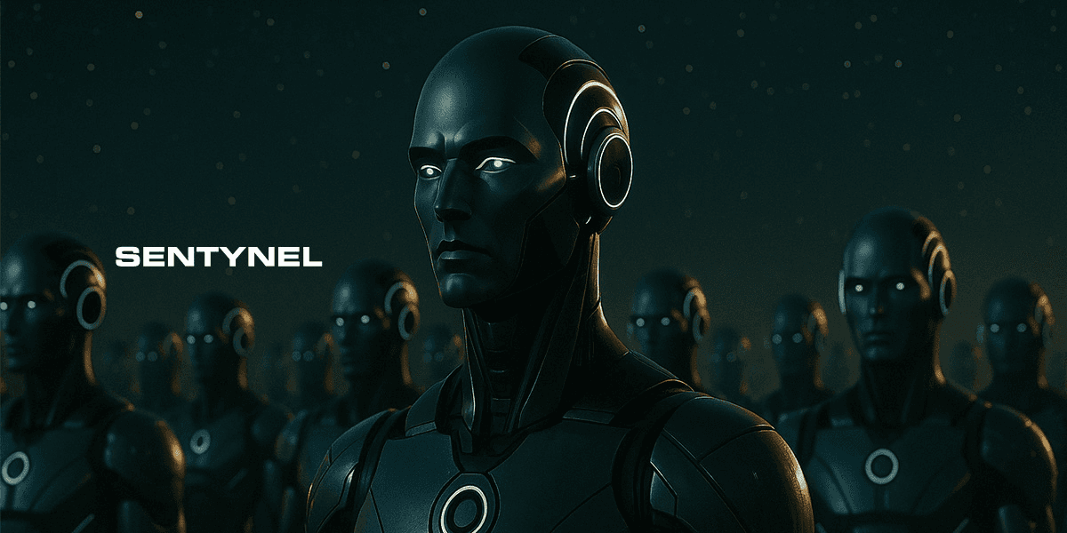 Futuristic humanoid robots stand in formation under stars, representing Sentynel.ai’s practical, real-world AI innovation.