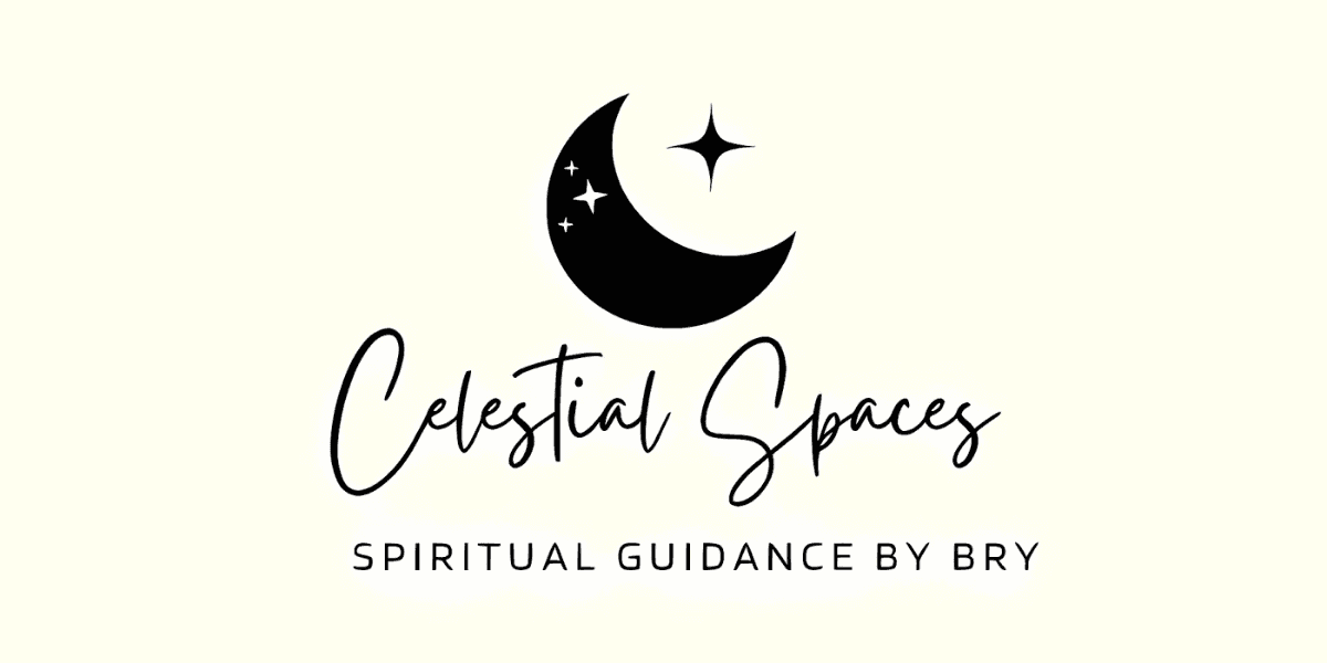Black crescent moon with stars above "Celestial Spaces – Spiritual Guidance by Bry" in elegant script.