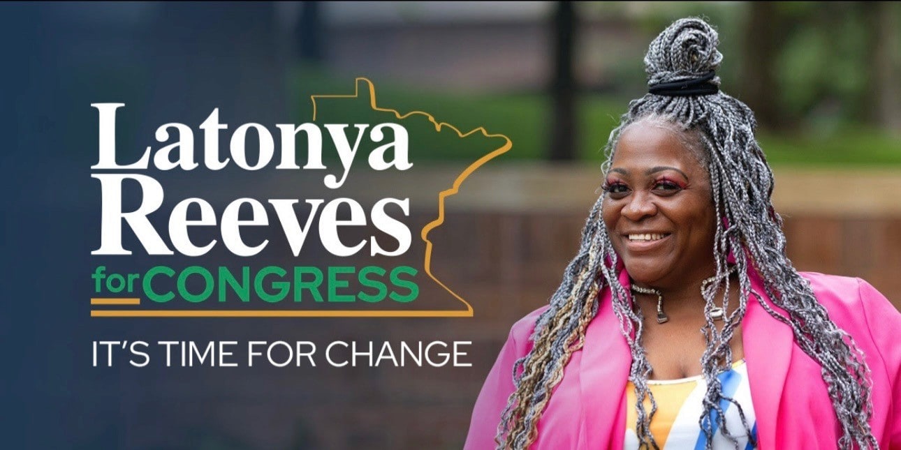 Campaign banner showing Latonya Reeves smiling beside text reading “Latonya Reeves for Congress – It’s Time for Change.”