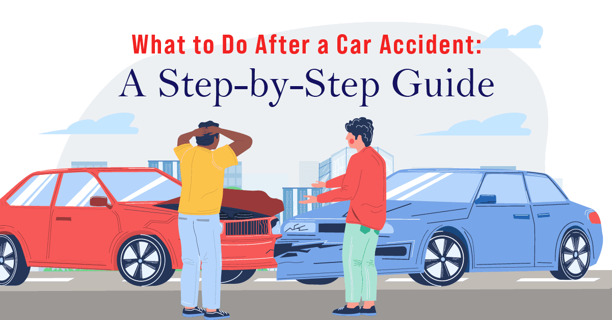 Illustration of two people involved in a car accident, with a guide titled "What to Do After a Car Accident".