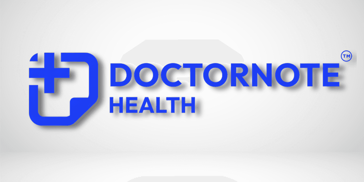 Blue Doctornote.Health logo with medical cross and document icon representing fast, verifiable online doctor’s notes.