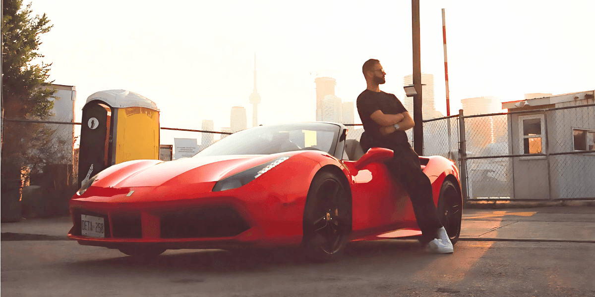Mohammad Qureshi (@AKAPWC) with his Ferrari, embodying a transparent, hedge fund-focused trading approach.