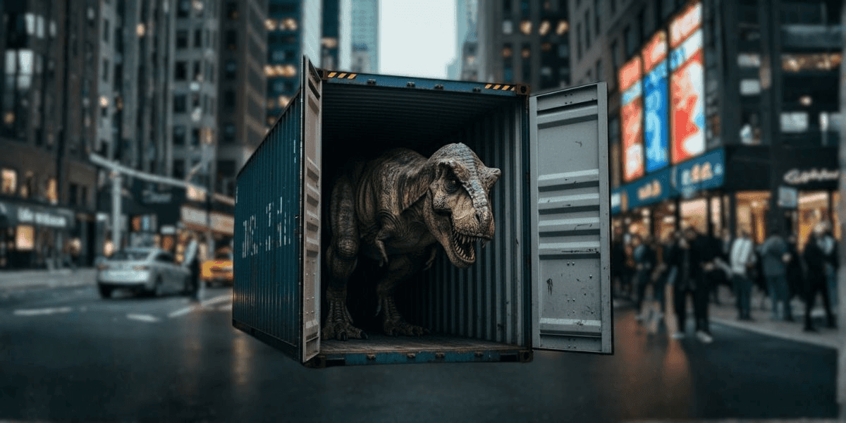 A T-Rex in a shipping container amidst a city street, symbolizing Large Scale Containers’ unique and impactful storage solutions.