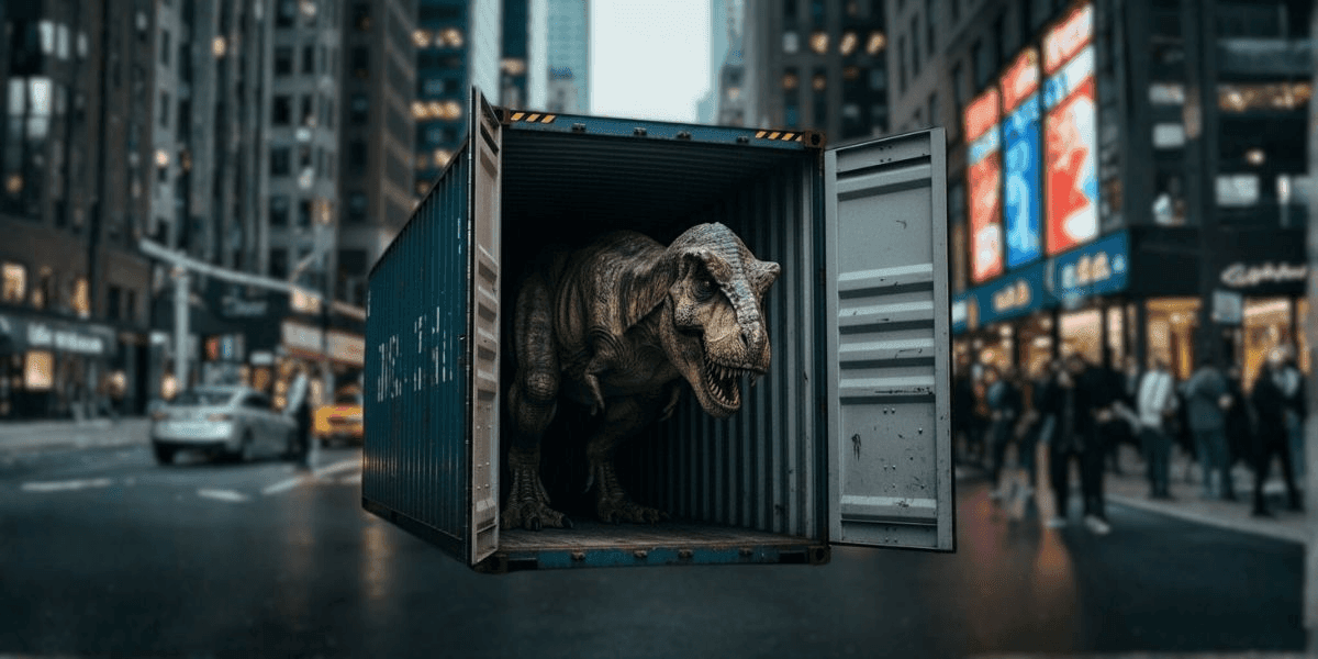 A T-Rex in a shipping container amidst a city street, symbolizing Large Scale Containers’ unique and impactful storage solutions.