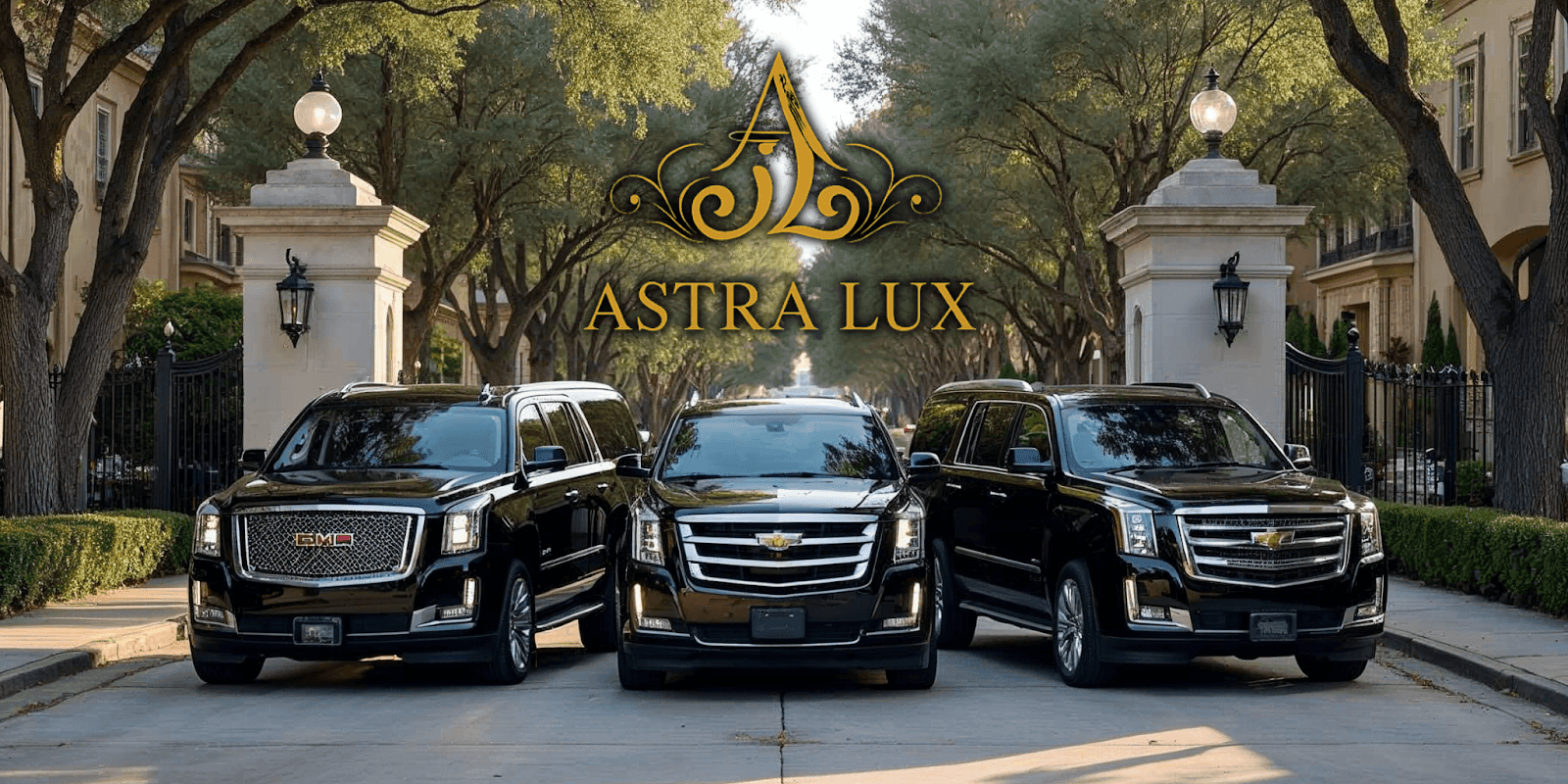 Three luxury black SUVs parked at a gated estate entrance with the Astra Lux logo above.